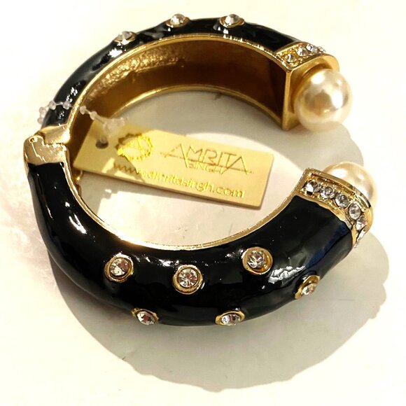 AMRITA Black Enamel, Crystal & Pearl Cuff Bracelet - Picture 3 of 5